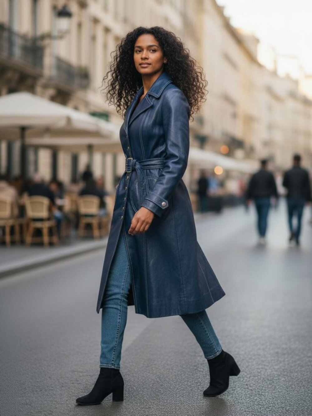 Gorgeous Vintage Blue Belted 100% Leather Trench Coat Jacket, Small